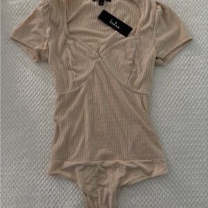 Lulu's Beige Ribbed Bodysuit Top